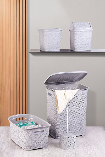 ALP HOME Dantel Desen 5 Parça Banyo Seti Kirli Sepeti Çamaşır Selesi Deterjan...