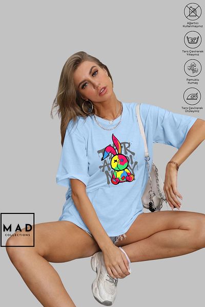 MAD COLLECTİON Унисекс тениска с къс ръкав, памучен принт с щампа на заек и голям размер, кръгло деколте