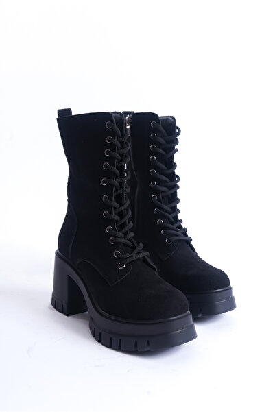 SEEM & BE Reina Kalın Topuklu Bağcıklı Kadın Süet Siyah Bot