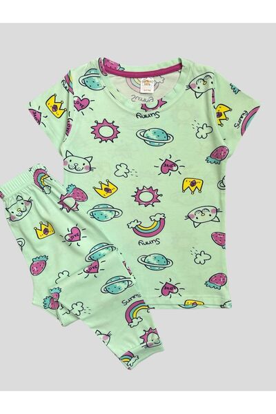 elmas kids Set de pijamale de vară cu mânecă scurtă, 100% bumbac, pisică curc...