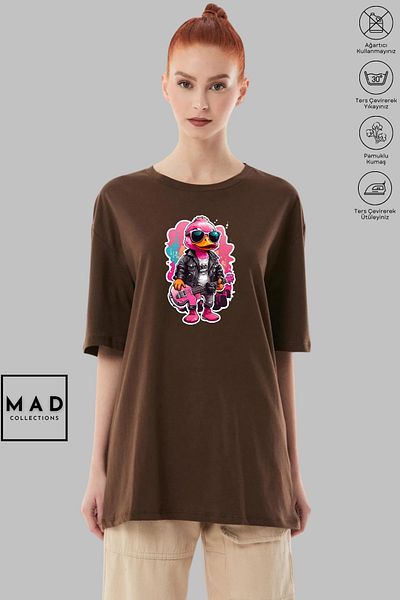 MAD COLLECTİON MAD COLLECTION Unisex Oversize Crew λαιμόκοψη βαμβακερό ροζ DUCK εμπριμέ κοντομάνικο μπλουζάκι