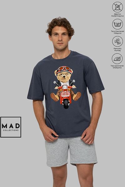 MAD COLLECTİON MAD COLLECTION Unisex Oversize Crew Neck Βαμβακερό Teddy εμπριμέ κοντομάνικο μπλουζάκι