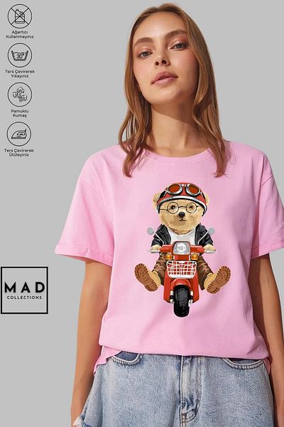 MAD COLLECTİON MAD COLLECTION Unisex Oversize Crew Neck Βαμβακερό Teddy εμπριμέ κοντομάνικο μπλουζάκι
