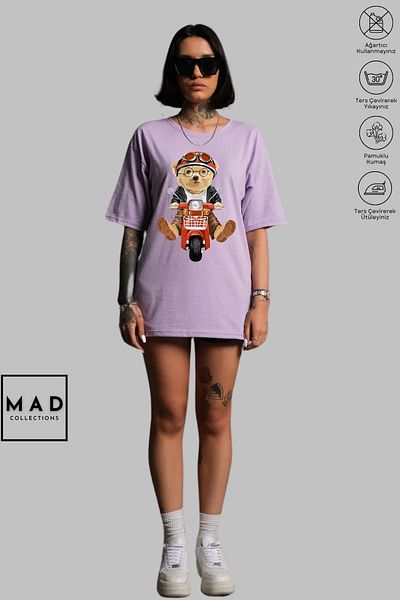 MAD COLLECTİON MAD COLLECTION Unisex Oversize Crew Neck Βαμβακερό Teddy εμπριμέ κοντομάνικο μπλουζάκι