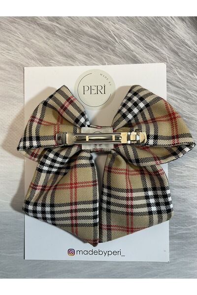 MADE BY PERİ Burberry patterned fabric (yellow, coffee, black plaid) butterfly pattern automatic buckle