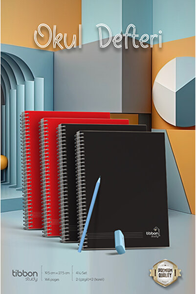 Tibbon Study Okul Defteri Spiralli 4'lü Set Kareli Çizgili - Büyük Boy