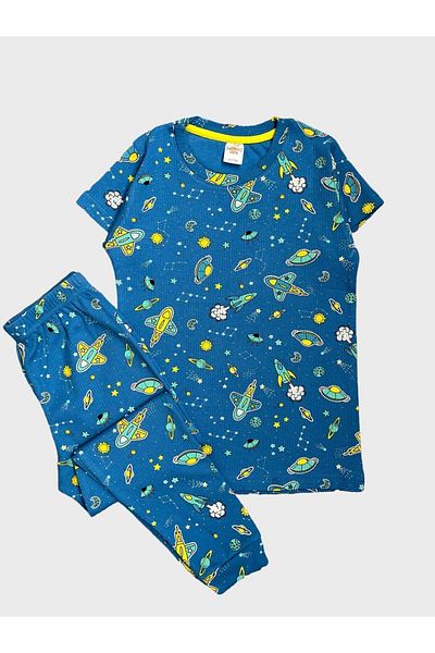 elmas kids Set de pijamale de vară cu mânecă scurtă, din bumbac, cu nervuri, cu model spațial