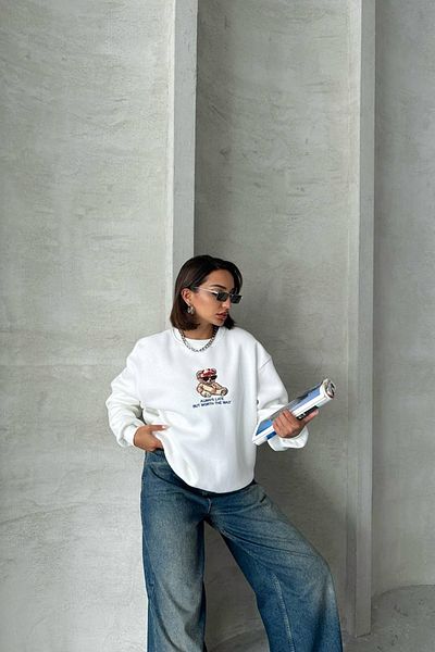 Neşeli Butik Ecru Women's Sweat - Cotton and Embroidery Detailed Nbg035