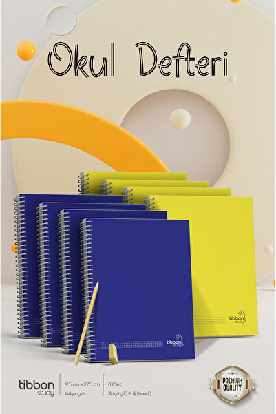 Tibbon Study Okul Defteri Spiralli 8'li Set Çizgili Kareli - Büyük Boy