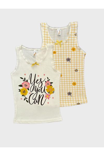 elmas kids Yellow and White Floral Patterned 2-Piece Cotton Undershirt Set for Girls