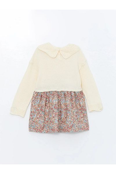 LC Waikiki Lcw Baby - Cream Color, Baby Collar and Long Sleeve Flower Patterned Baby Girl Dress
