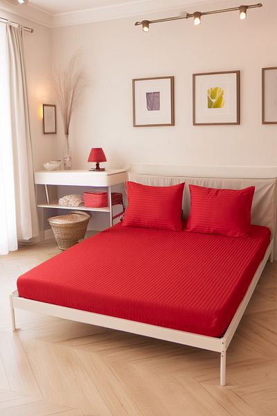 Tekstil Home طقم ملاءة سرير من الساتان المخطط باللون الأحمر الفاخر - مرن، جميع المقاسات