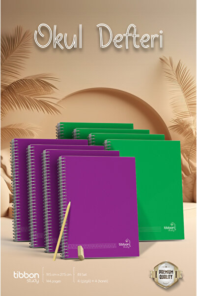 Tibbon Study Okul Defteri Spiralli 8'li Set Çizgili Kareli - Büyük Boy