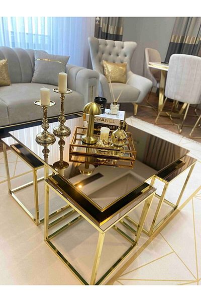 home plus mobilya Brn 4 1 - طاولة قهوة مربعة، مرآة برونزية مطلية بالذهب