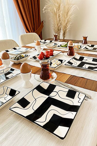 ŞURA MUTFAK Breakfast Set 14 Pieces for 6 People Black Lightning Hand Painted