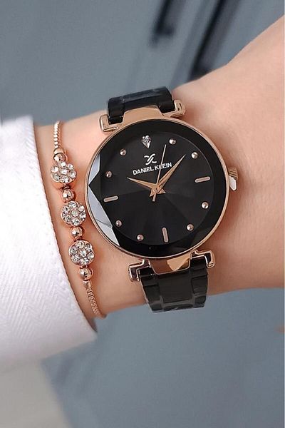 Daniel Klein New Model Cut Glass Steel Bracelet Black Women's Wrist Watch + Zircon Stone Bracelet
