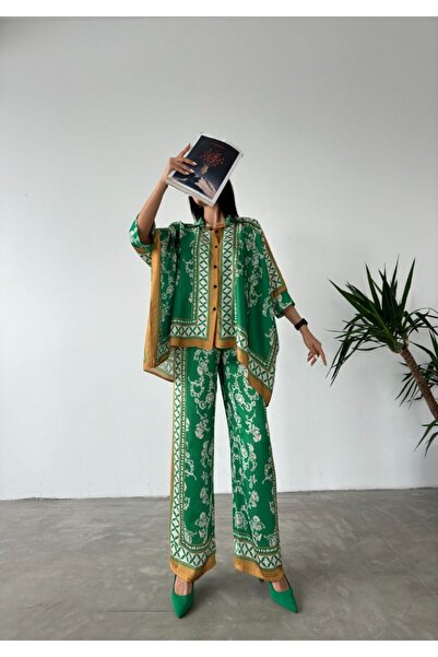 GİYSİ DÜNYASI طقم بنطلون قميص من القماش الساتان مكون من قطعتين