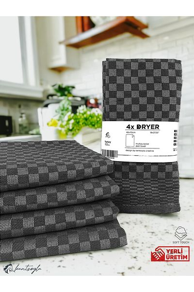 Kentsoylu Lavetă de bucătărie cu model în carouri gri închis - 4 bucăți, 40x60 cm