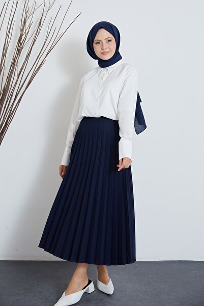 Spesniks Navy Blue Atlas Pleated Skirt