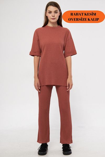 Oyga Γυναικείες πιτζάμες με κοντό μανίκι Cinnamon Ribbed Lycra Report & Sweatpants, Casual Home Wear Σετ πιτζάμες
