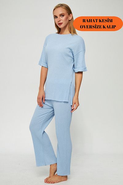 Oyga Set de trening și pijama pentru femei A.Blue cu mânecă scurtă din Lycra cu nervuri - Design raportat