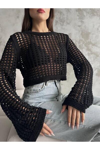 FAA BUTİK Geniş Kalıp Pamuklu Ajurlu Crop Ispanyol Koldelikli Triko Kazak 44 Cm