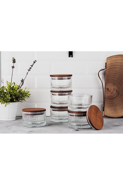 LUX ET AMOR Vella 6-Piece Wooden Vacuumed Glass Breakfast Multi-Purpose Glass Snack Bowl with Lid 235 ml