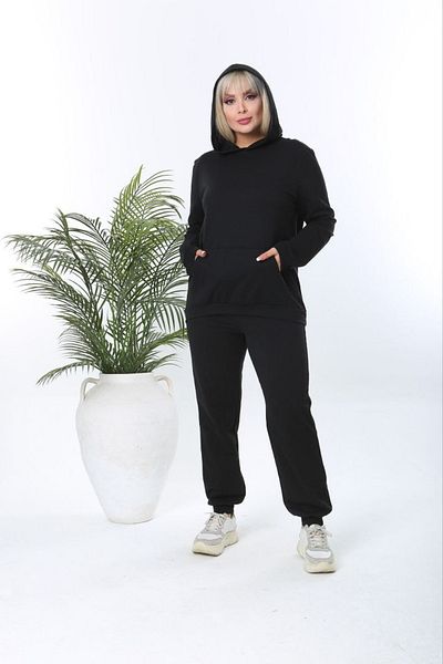 xlargebutik Plus Size Women's Black Clothing - Hooded and Kangaroo Pocket Set