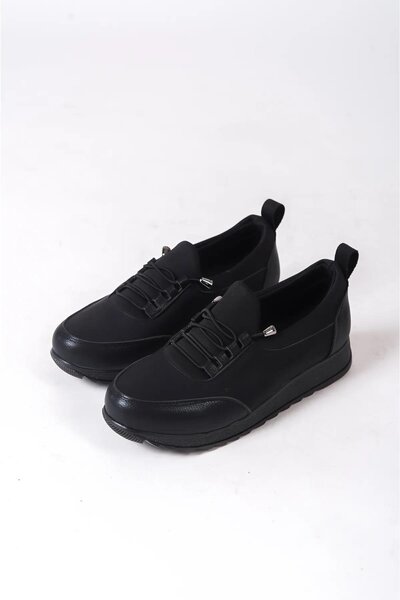 Preshley Galina Black Orthopedic Laced Elastic Mother Ballerinas - Casual Comfortable Sole Shoes