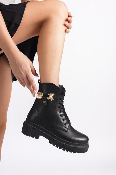 Preshley Γυναικείες κοντές μπότες Eva Black Lace Up με φερμουάρ αρκουδάκι με πόρπη με χοντρή σόλα