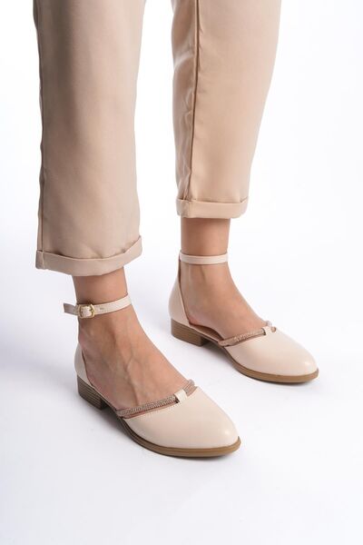 Preshley Women's Trey Cream Skin Stone Detailed Open Sides Ballerinas