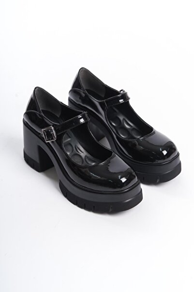 Preshley Дамски рубинено черни лачени обувки с един шлем и платформа с 8 см ток