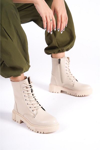 Preshley Γυναικείες μπότες Phantom Beige με φερμουάρ με κορδόνια αντιολισθητικές μπότες με χοντρή σόλα