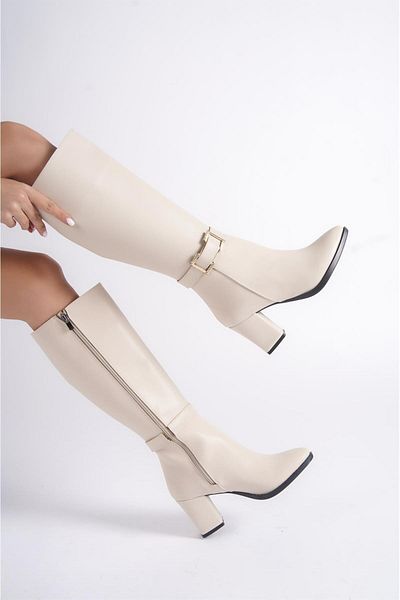 Preshley Γυναικείες μπότες Paris Cream - Λεπτομέρεια πόρπης, φερμουάρ στο πλάι, κάτω από το γόνατο 410