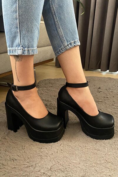 Preshley Elanor Black Leather Platform Heeled Women's Shoes - 12 cm Ankle Tie