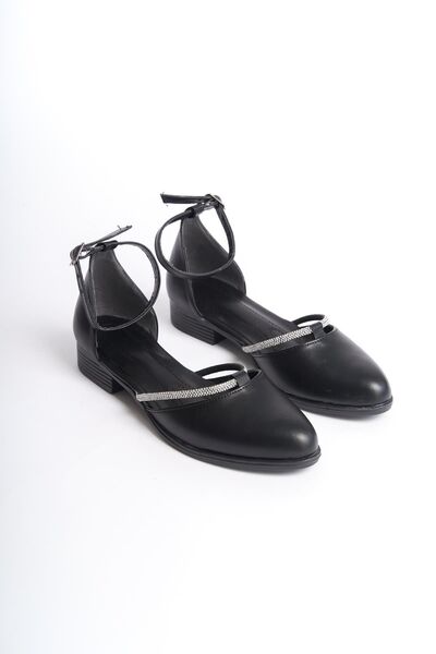Preshley Women's Trey Black Leather Ballerinas with Stone Detail and Open Sides