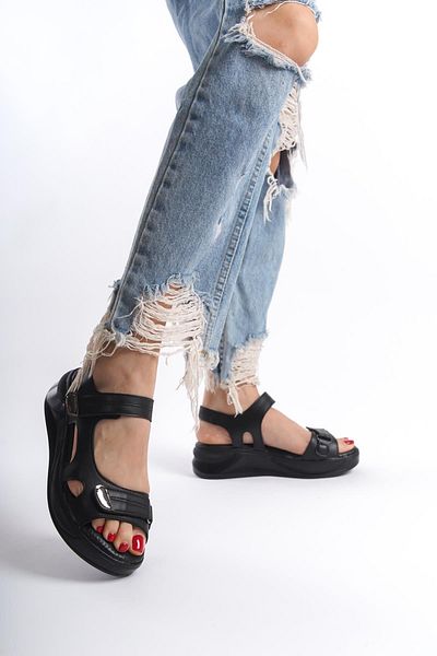 Preshley Sandale cu velcro cu talpă ortopedică Aston Black Comfort pentru femei