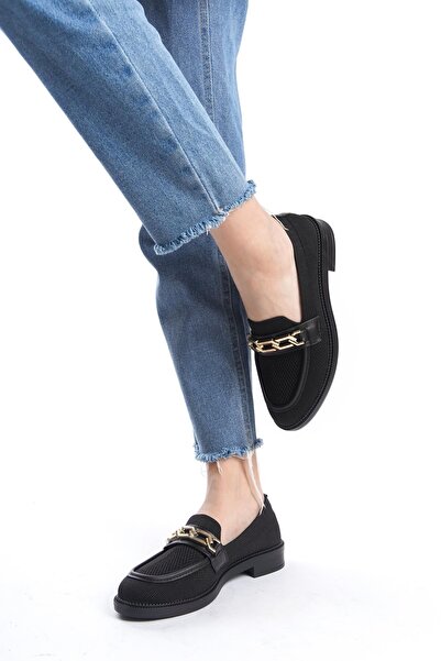 Preshley Kadın Eyzy Siyah Triko Tokalı Lofer Mokosen Babet Ayakkabı