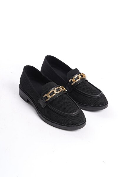 Preshley Kadın Eyzy Siyah Triko Tokalı Lofer Mokosen Babet Ayakkabı