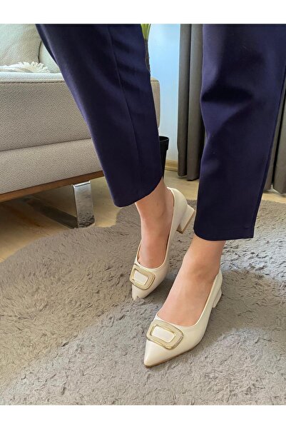 Preshley Pita Cream Colored Women's Stiletto - Leather Buckle, Low Heel Evening Dress Shoes