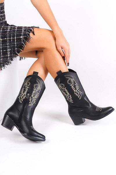Preshley Γυναικείες μπότες Western Cowboy με κέντημα μαύρο αγγέλου με φερμουάρ