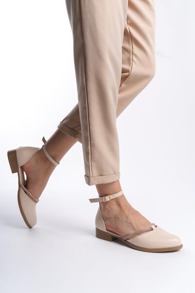 Preshley Women's Trey Cream Skin Stone Detailed Open Sides Ballerinas