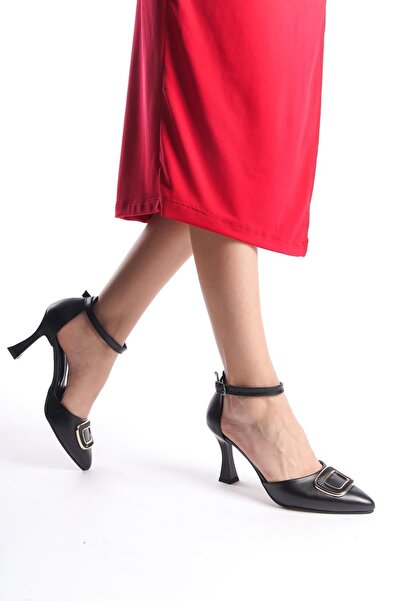 Preshley Women's Date Black Leather Ankle Strap Square Buckle Side Open Goblet Heeled Shoes