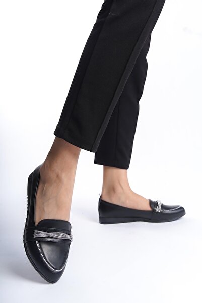 Preshley Women's Sansa Black Stone Detailed Casual Ballerinas