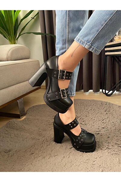 Preshley Izabel Black Leather - 12 cm Platform Heeled Shoes, Two Buckles and Capsule Detail