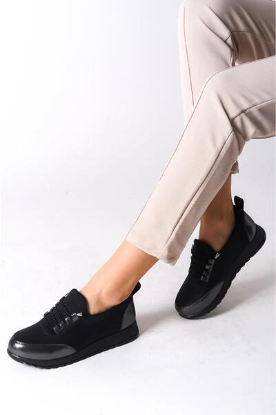 Preshley Galina Black Platinum Lace-Up - Ελαστική Ορθοπεδική Άνετη Μπαλαρίνα Mother Foot