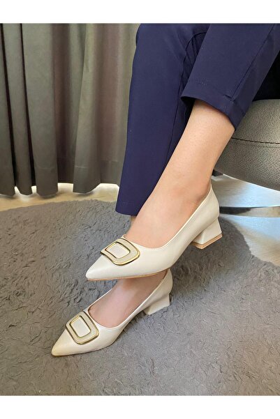 Preshley Pita Cream Colored Women's Stiletto - Leather Buckle, Low Heel Evening Dress Shoes