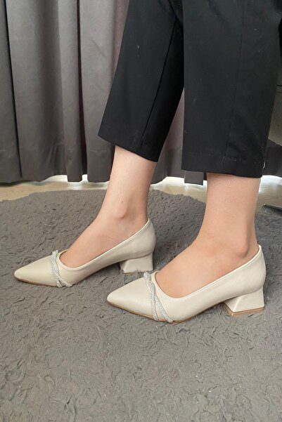 Preshley Women's - Valeri Cream Stiletto, Cross Stone DeTailed, Low Heel Evening Dress Shoes