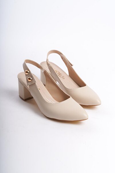Preshley Women's Rudy Cream Skin Open Back 6 cm Thick Heeled Shoes