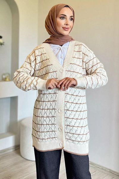 jldkids Γυναικεία Πλεκτή Ζακέτα Hijab - Κρεμμπεζ ριγέ